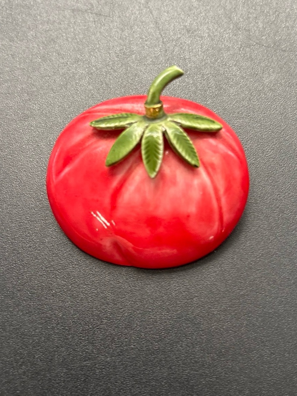 Vintage Original By Robert Re Enamel Tomato Brooch with Green Stem